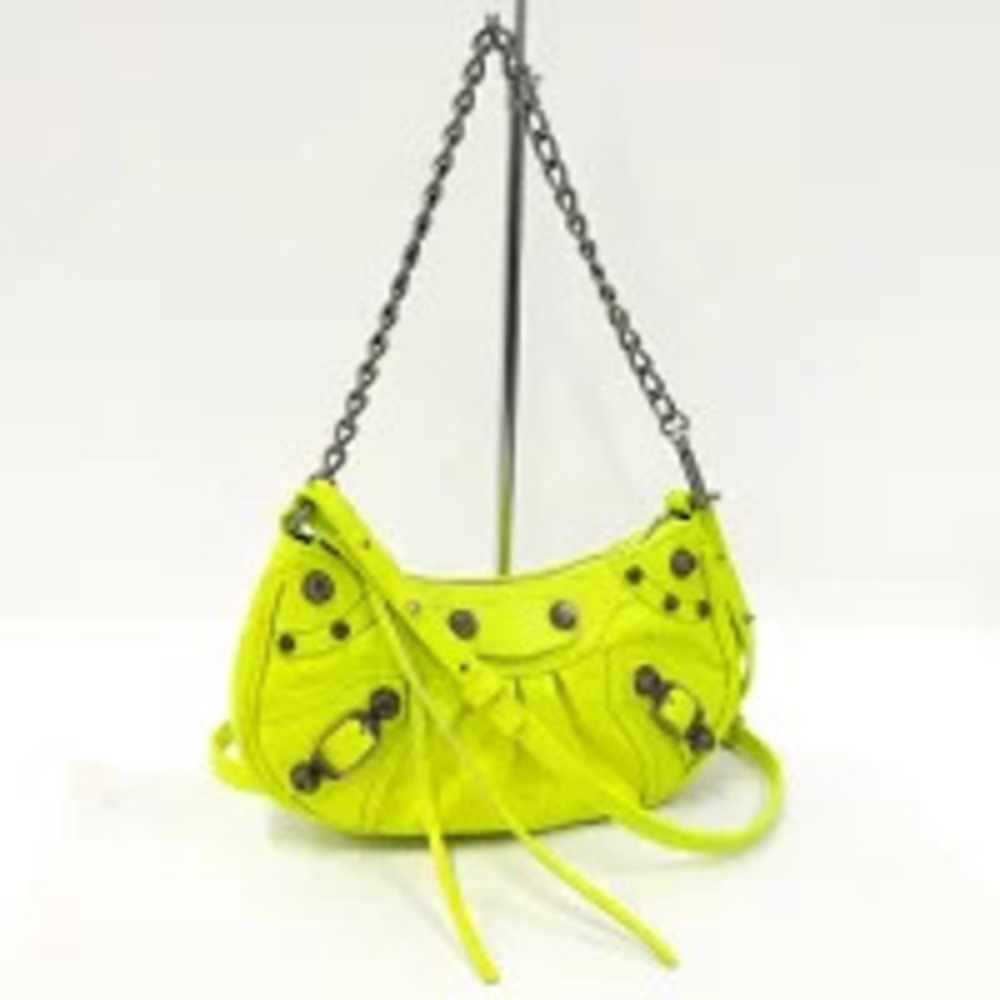 BALENCIAGA Lucagol Shoulder Bag Leather Fluorescent Yellow